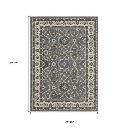5' X 8' Blue And Gray Oriental Area Rug With Fringe